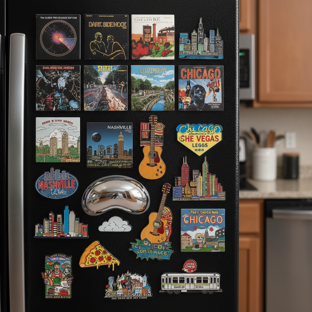 A close-up of a glossy black refrigerator door completely covered in eclectic souvenir magnets shaped like classic rock album covers, neon city skylines, country guitars, and quirky Chicago landmarks. Each magnet has a different texture, from raised enamel to brushed metal, catching the light in unique ways. The surrounding kitchen is softly blurred, with hints of stainless steel appliances and warm wooden cabinets. Warm overhead lighting creates gentle reflections on the magnet surfaces and subtle shadows in the gaps between them. Shot straight on with a shallow depth of field, the composition feels playful and colorful, evoking the band name while communicating variety in musical styles. The overall aesthetic is bold, modern, and slightly nostalgic, perfect for a fun, approachable cover duo.