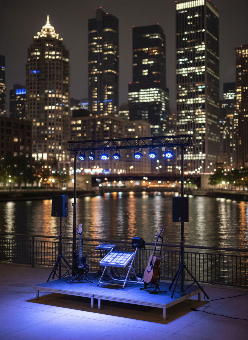 A night-time outdoor city scene along the Chicago River, where a compact, portable stage is set up on a small riverside terrace. Two guitar stands, a sleek digital drum pad, and a minimal PA system sit under a truss with colored LED wash lights casting blues and magentas across the gear. In the background, iconic Chicago skyscrapers reflect off the water, softly blurred to keep focus on the instruments. The cool ambient city glow mixes with the vibrant stage lighting, creating a dynamic contrast of colors. Captured from a slightly elevated three-quarter angle, the composition emphasizes the duo-sized stage against the expansive urban backdrop. The mood is energetic, urban, and polished, rendered in crisp, modern photographic realism to promote local bookings.